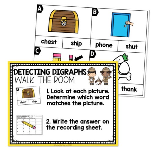 Educational worksheet for detecting digraphs with pictures of a chest, ship, phone, and shut, and matching words, designed for early reading skills development.