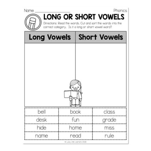 Educational worksheet for identifying long and short vowels with a girl sitting and a list of words to categorize on Lucky Little Learners website.