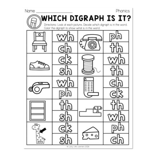 Educational worksheet for phonics practice featuring images of a chair, telephone, sneaker, spool, remote, giraffe, cheese, and more with corresponding digraphs like 'wh', 'ch', 'sh', 'ph', and 'th'.