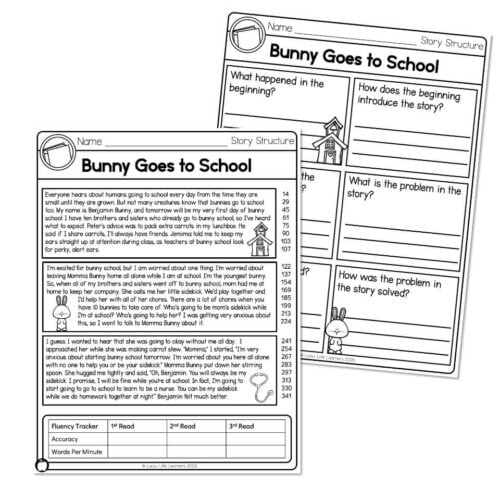 Image of a children's story titled 'Bunny Goes to School' with story structure questions and a fluency tracker, designed for early literacy learning.