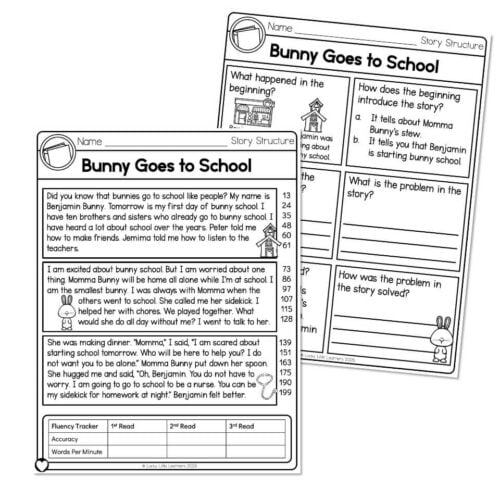 Educational worksheet titled 'Bunny Goes to School' featuring story structure activities, comprehension questions, and a fluency tracker for early learners.