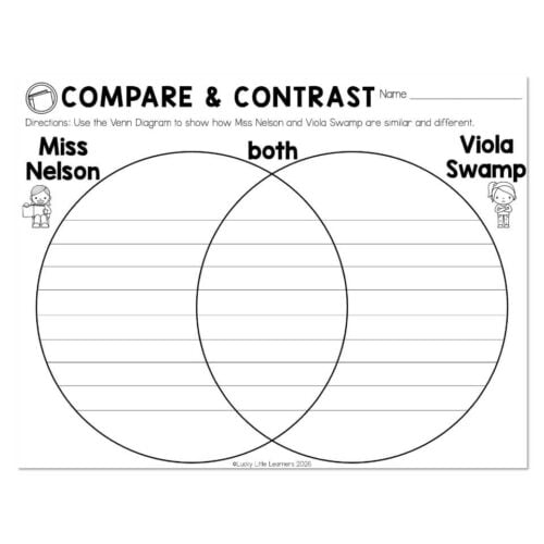 Venn diagram comparing Miss Nelson and Viola Swamp, highlighting similarities and differences for educational activities in a classroom setting.
