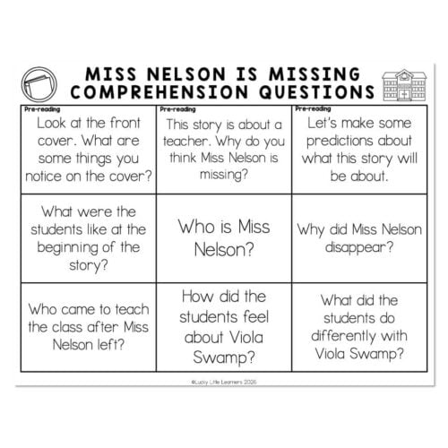 Educational worksheet titled 'Miss Nelson is Missing Comprehension Questions' with pre-reading questions about the story, including predictions, character identification, and student feelings.