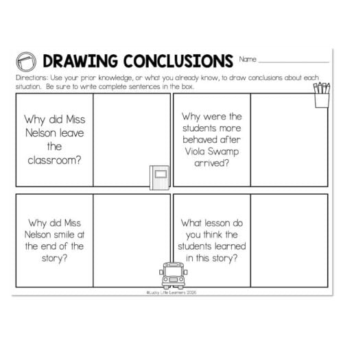 Educational worksheet titled 'Drawing Conclusions' with questions about Miss Nelson and Viola Swamp, featuring spaces for student responses and illustrations of a book and a robot.
