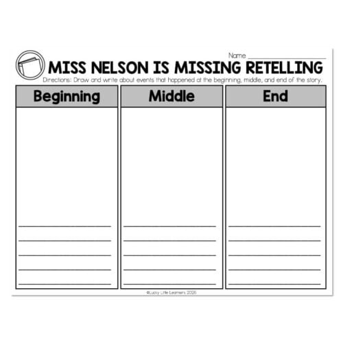 Educational worksheet titled 'Miss Nelson is Missing Retelling' with sections for beginning, middle, and end of a story, designed for young students to draw and write story events.