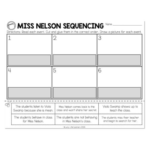 Educational worksheet titled 'Miss Nelson Sequencing' with six numbered boxes for cut-and-paste activities, featuring instructions and a space for student name, used for teaching sequencing skills.