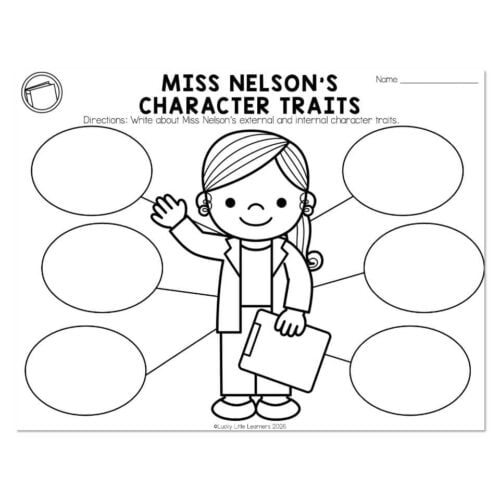Black and white educational worksheet featuring Miss Nelson's character traits with blank spaces for writing, designed for classroom activities on character analysis.