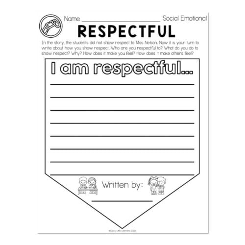 Educational worksheet titled 'Respectful' for social-emotional learning, featuring space for student name, writing, and illustrations of children, designed for classroom use.
