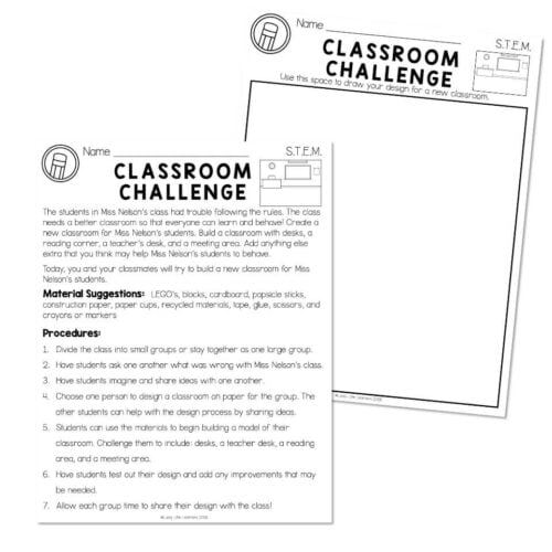 Classroom challenge worksheet for students to design a new classroom layout with materials like LEGO blocks, paper, and recycled items, promoting creativity and teamwork.