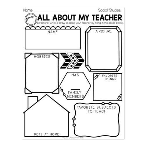Educational worksheet titled 'All About My Teacher' for social studies, with sections for student details, hobbies, family, pets, favorite things, and subjects to teach.