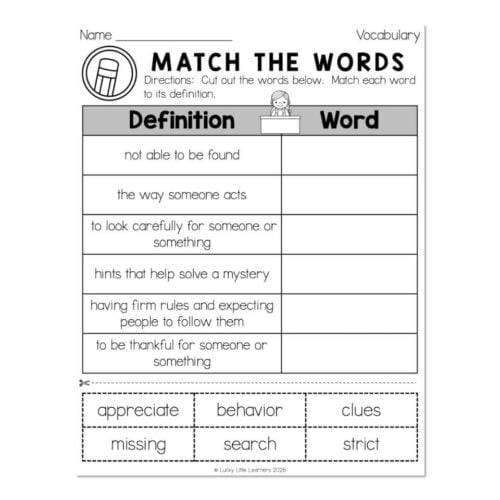 Educational worksheet titled 'Match the Words' with vocabulary words and definitions for young learners, including matching words like 'appreciate' and 'behavior' for early reading skills.