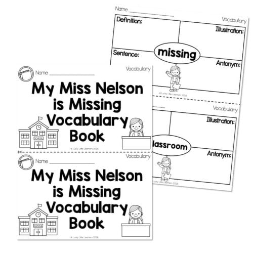 Educational worksheet titled 'My Miss Nelson is Missing Vocabulary Book' featuring school-themed illustrations, vocabulary sections, and space for student names, designed for early literacy learning.