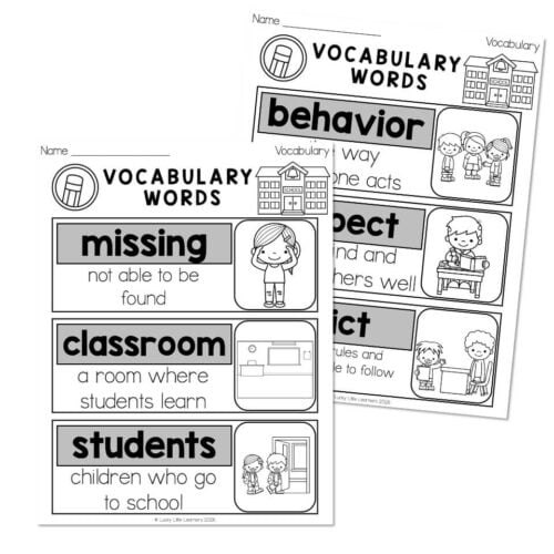 Educational vocabulary flashcards featuring words like behavior, missing, classroom, and students with simple definitions and illustrations for early learning.