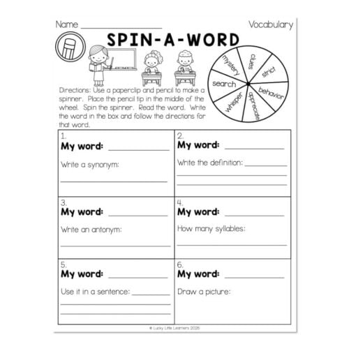 Educational worksheet titled 'Spin-A-Word' for vocabulary practice, featuring sections for synonyms, definitions, antonyms, syllables, and drawing pictures, designed for early learners.