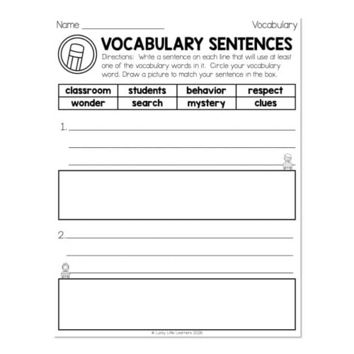 Educational worksheet titled 'Vocabulary Sentences' with words like classroom, students, behavior, respect, wonder, search, mystery, clues, and space for writing sentences and drawing pictures.