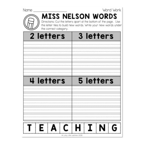 Educational worksheet titled 'Miss Nelson Words' for teaching letter recognition, featuring sections for 2 to 5 letter words and space for writing, with the word 'TEACHING' at the bottom.