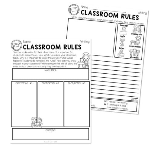 Printable classroom rules worksheet from Lucky Little Learners featuring sections for main idea, facts, and rules, with illustrations of children and teacher for engaging classroom management.