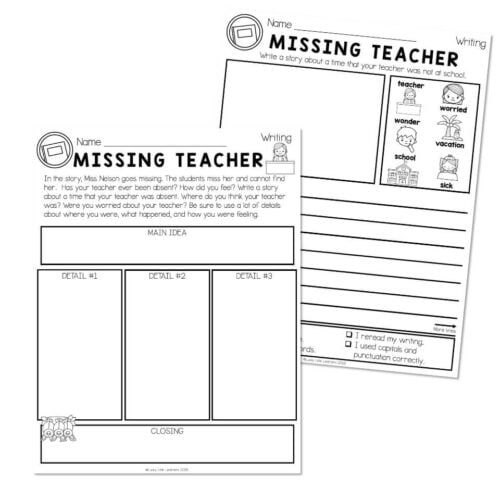 Educational worksheet titled 'Missing Teacher' for students to write a story about a time their teacher was not at school, featuring sections for main idea, details, and closing, with icons for story.
