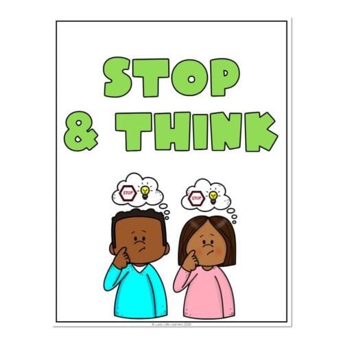 Children with thought bubbles showing stop signs and light bulbs, promoting the importance of stopping and thinking before acting, ideal for educational materials on self-control.