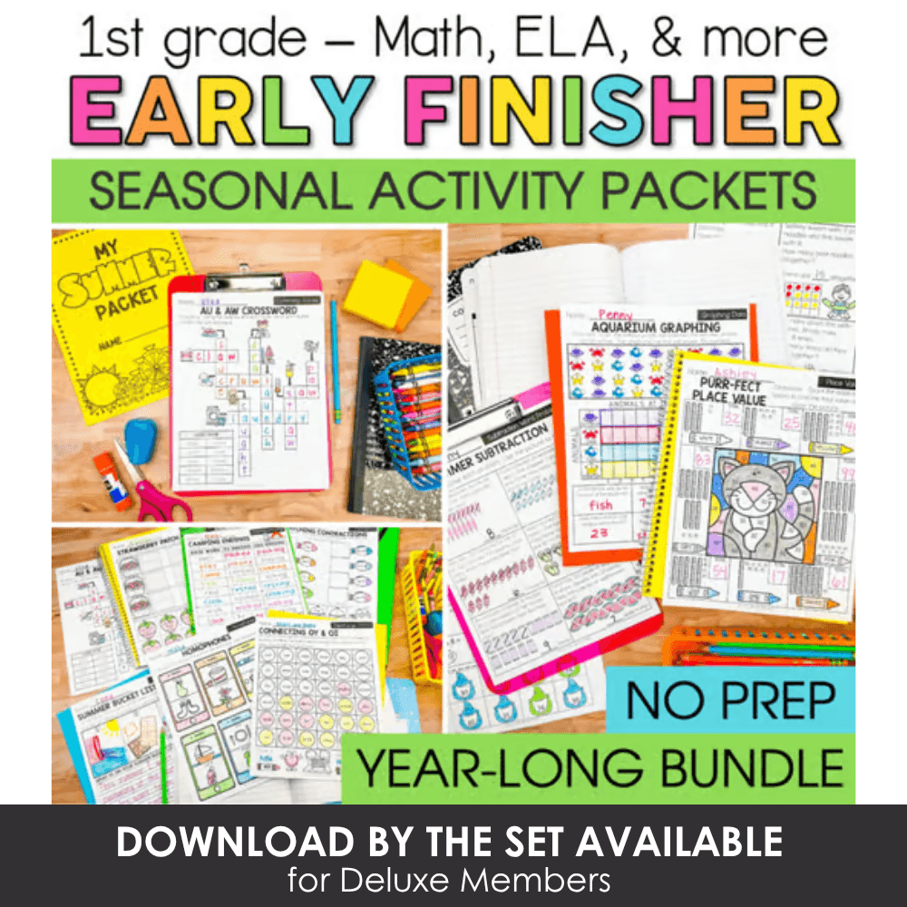 Early Finisher seasonal activity packets for 1st grade including math, ELA, and more, with no prep, year-long bundle, suitable for classroom use, from Lucky Little Learners.