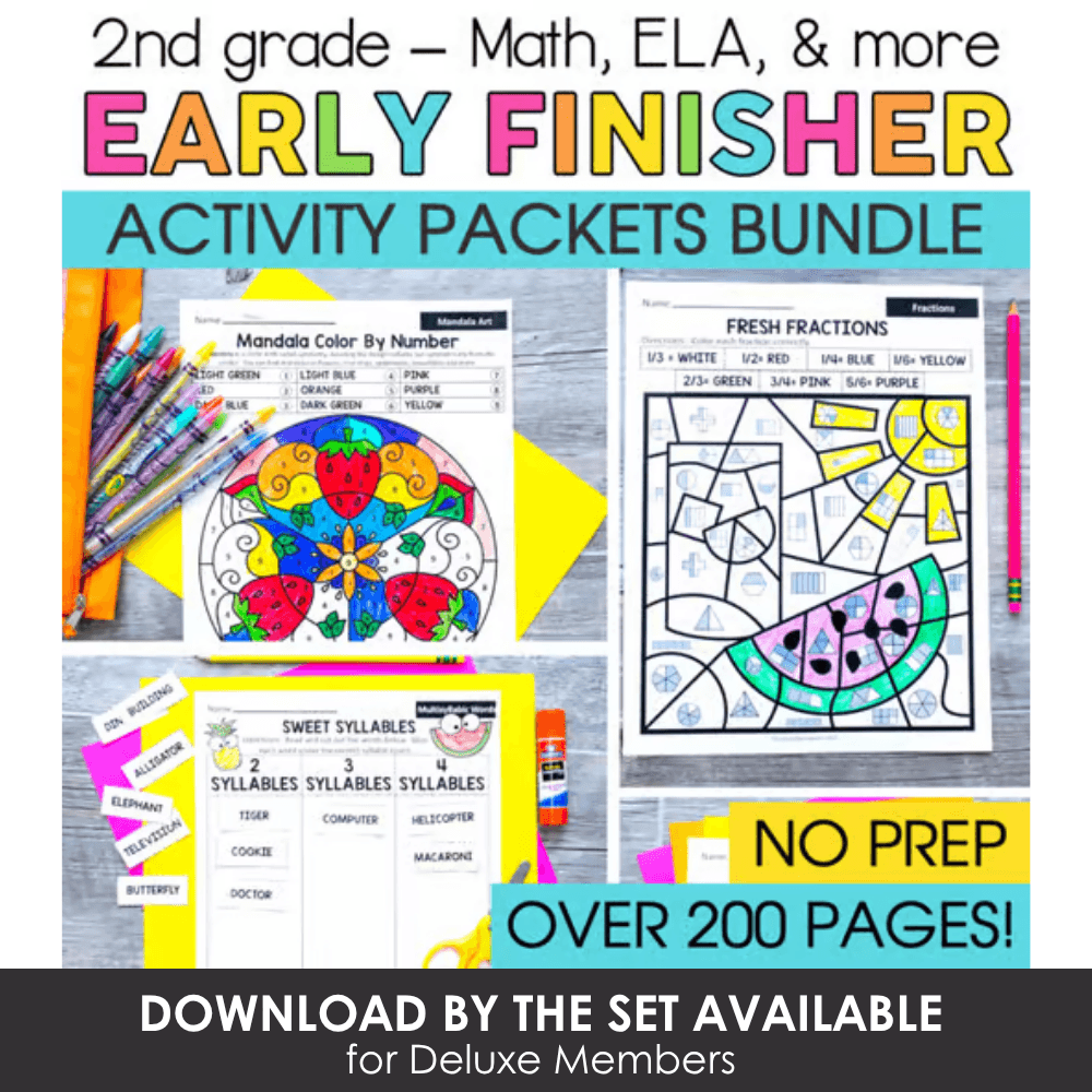 Early Finisher activity packets bundle for 2nd grade includes math, ELA, and more with colorful worksheets, coloring pages, and no prep materials for classroom use.