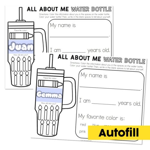 Educational worksheet titled 'All About Me Water Bottle' featuring a water bottle illustration, space for child's name, age, and favorite color, designed for preschool learning activities.