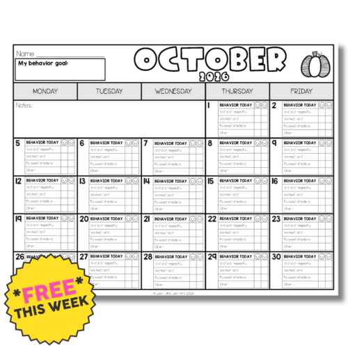 October 2023 behavior chart for classroom management with days of the week, notes, and motivational stickers, designed for teachers and parents to track student behavior.