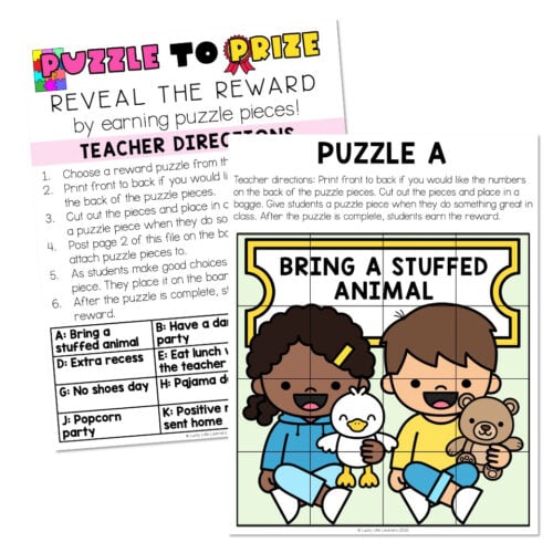 Colorful educational puzzle activity for kids featuring a girl and boy holding stuffed animals, with instructions and options for a classroom reward game.