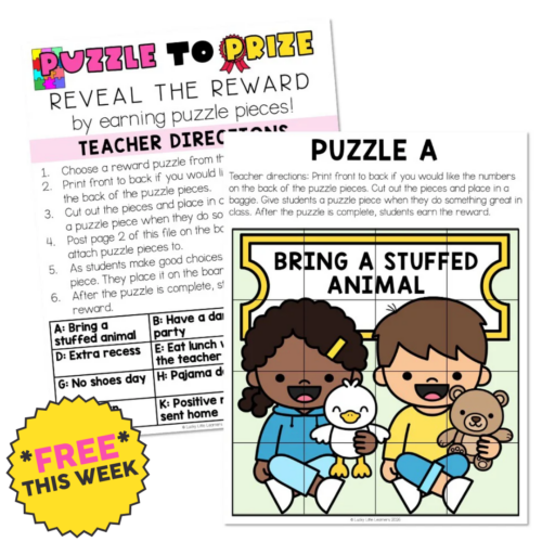 Classroom management reward chart featuring a puzzle to prize activity with colorful graphics and instructions for teachers to implement behavior rewards.