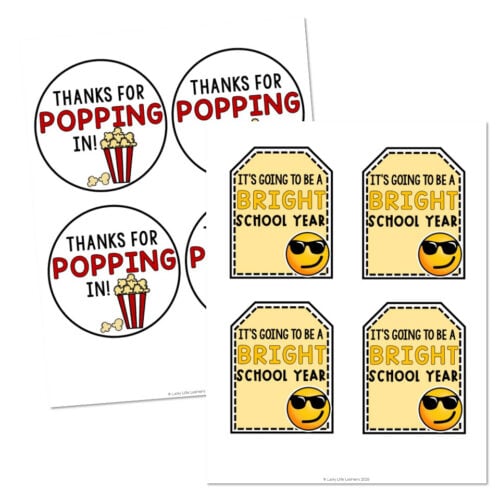 Colorful printable thank you tags and stickers for celebrating the first day of school, featuring popcorn, sunglasses, and bright yellow designs with cheerful messages.