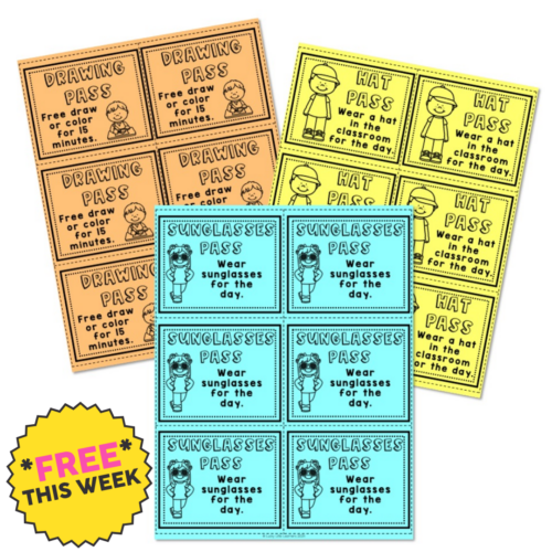 Colorful classroom reward coupons for drawing, hats, and sunglasses, designed for student motivation and behavior management, featuring bright colors and playful illustrations.