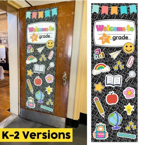 Colorful kindergarten and first grade door banner with educational icons like apple, globe, book, and stars, designed for classroom decoration and student engagement.