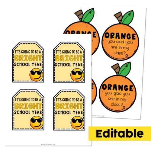 Editable school year labels and orange apple stickers with green leaves for classroom decor, featuring cheerful designs and motivational messages for students.