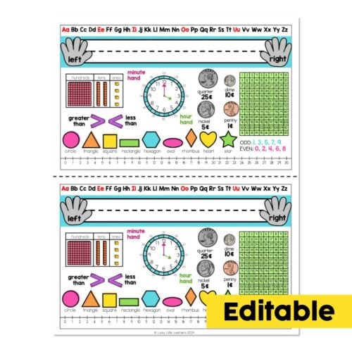 Editable classroom desk name plates featuring colorful educational graphics, clock, and shapes for young learners, designed for classroom organization and learning activities.