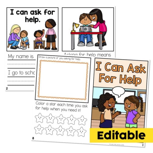 Educational social story images for teaching children to ask for help, featuring diverse kids in classroom and social settings, with editable activities and visual prompts.