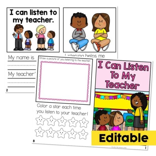 Educational worksheet for listening skills featuring diverse children and teacher, with space for drawing and star ratings, for social emotional learning in early childhood.