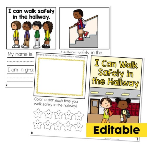 Educational materials for teaching children to walk safely in the hallway, including illustrations of kids walking safely, a stair safety image, and printable activity pages for classroom use.