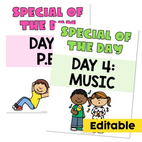Educational posters for Lucky Little Learners featuring 'Special of the Day' themes, including 'Day 4: Music' with illustrations of children enjoying music activities, designed for classroom decor.