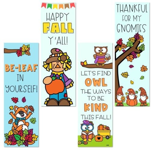 Colorful fall-themed door banners featuring cheerful characters and autumn leaves, perfect for fall decor and classroom decoration from Lucky Little Learners.