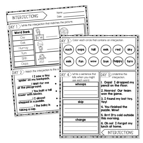 Educational worksheet for teaching interjections with activities like coloring, matching, writing sentences, and underlining, designed for young learners' language development.