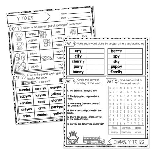 Educational worksheet for Y to IES plural spelling practice with activities on matching, dropping Y, and circling correct words, designed for early learners.