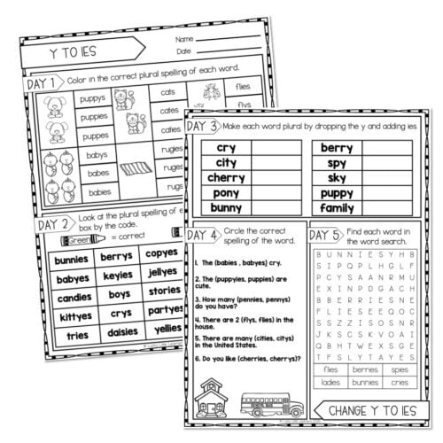 Educational worksheet for practicing plural spelling of words like 'puppies', 'babies', and 'bunnies' with activities including coloring, matching, and word search for early learners.