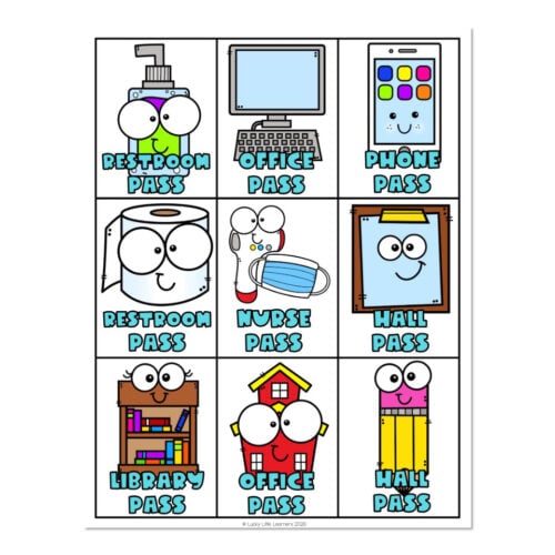 Colorful cartoon passes for restroom, office, phone, nurse, hall, library, and office with cute characters and labels for school or classroom use.