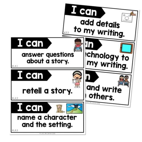 Kindergarten ELA I Can statements poster set with skills like adding details, answering questions, retelling stories, and naming characters and settings.