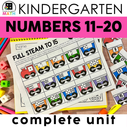 Educational kindergarten worksheet featuring colorful train images for numbers 11-15, part of a complete unit on numbers 11-20 for early math learning.