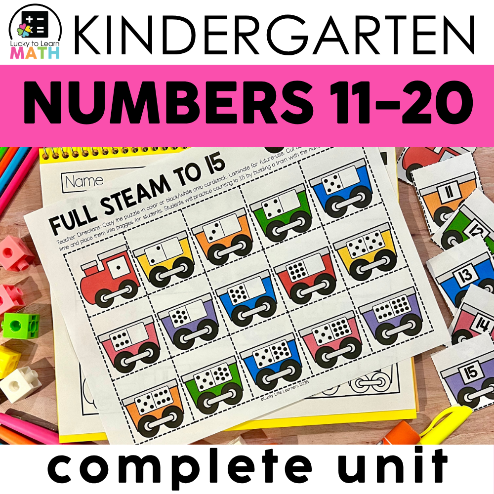 Educational kindergarten worksheet featuring colorful train images for numbers 11-15, part of a complete unit on numbers 11-20 for early math learning.
