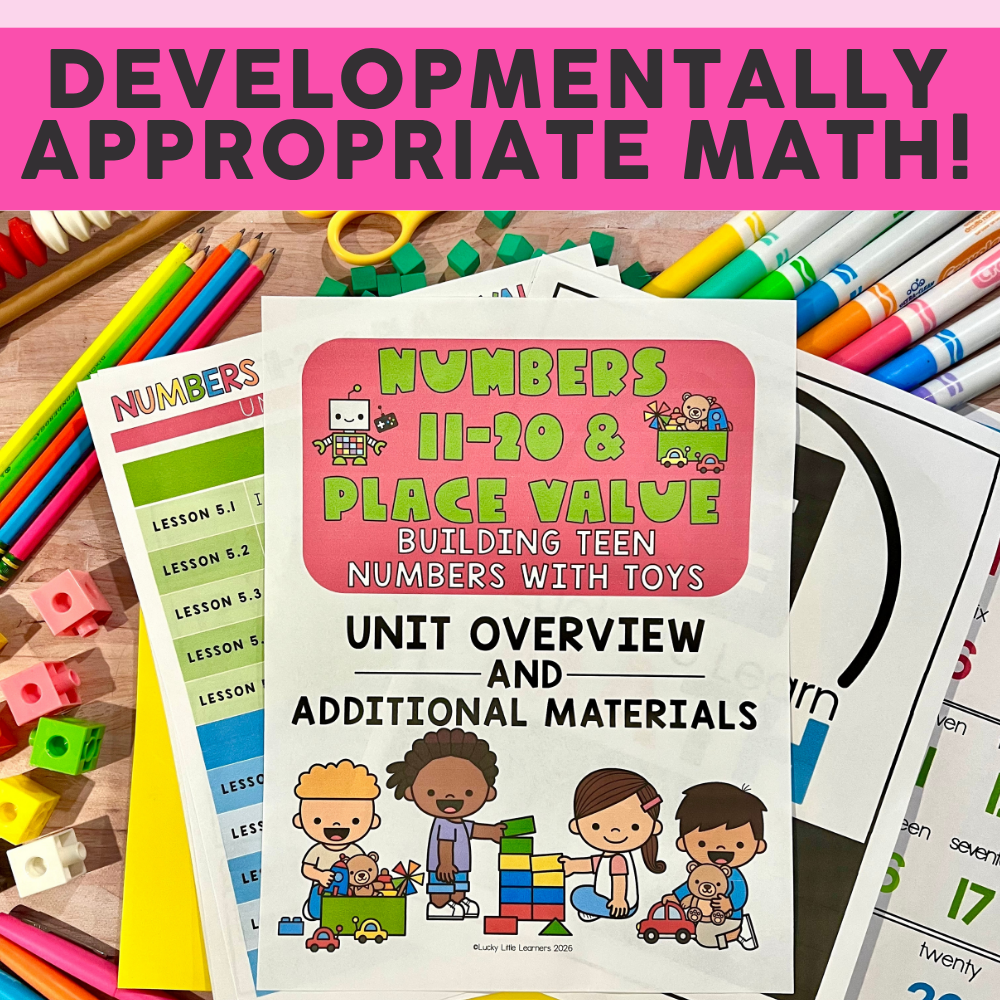 Educational math workbook cover for numbers 11-20 and place value, featuring children and toys, with colorful design and unit overview for kindergarten learners.
