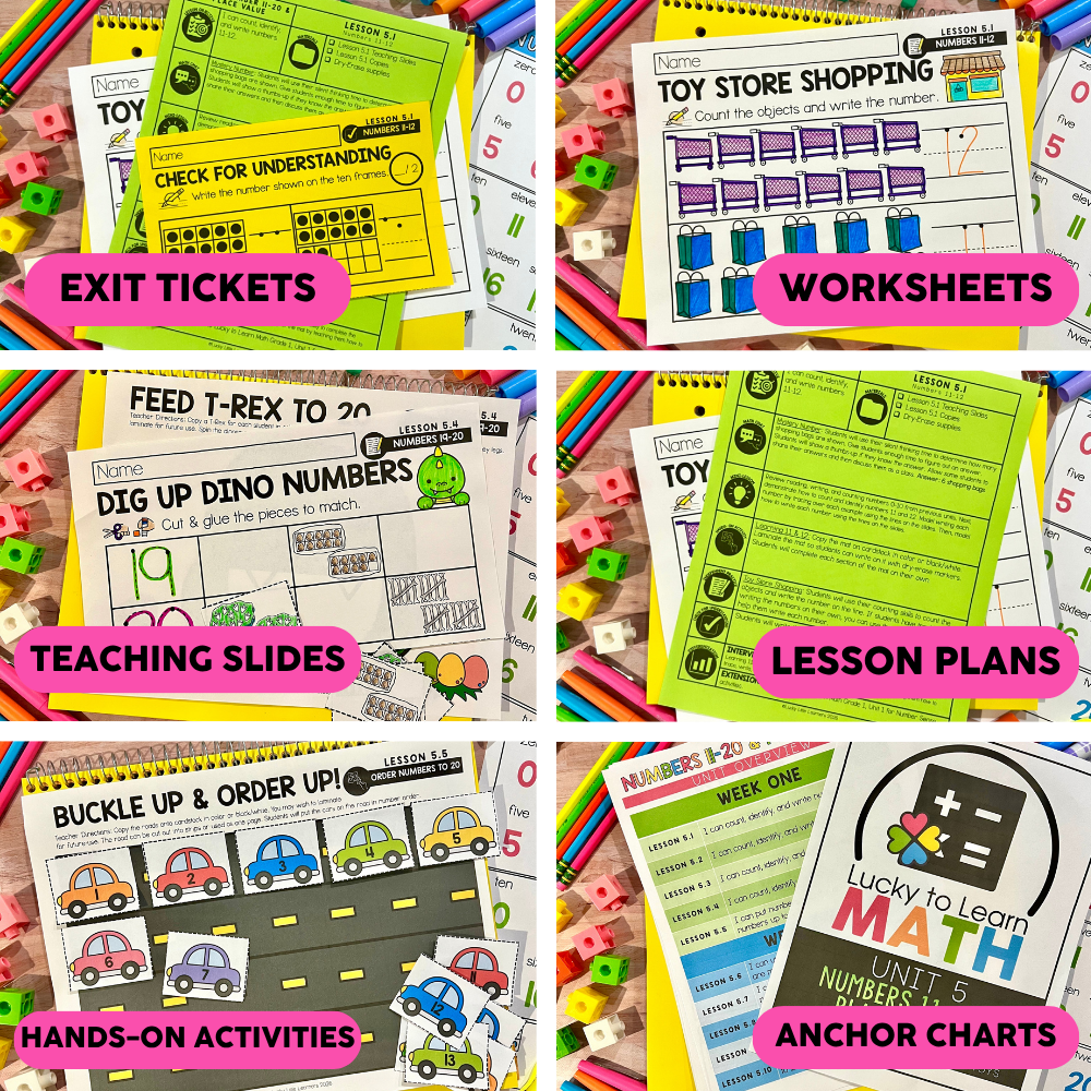 Collection of kindergarten math teaching resources including exit tickets, worksheets, teaching slides, lesson plans, hands-on activities, and anchor charts for numbers 11-20.