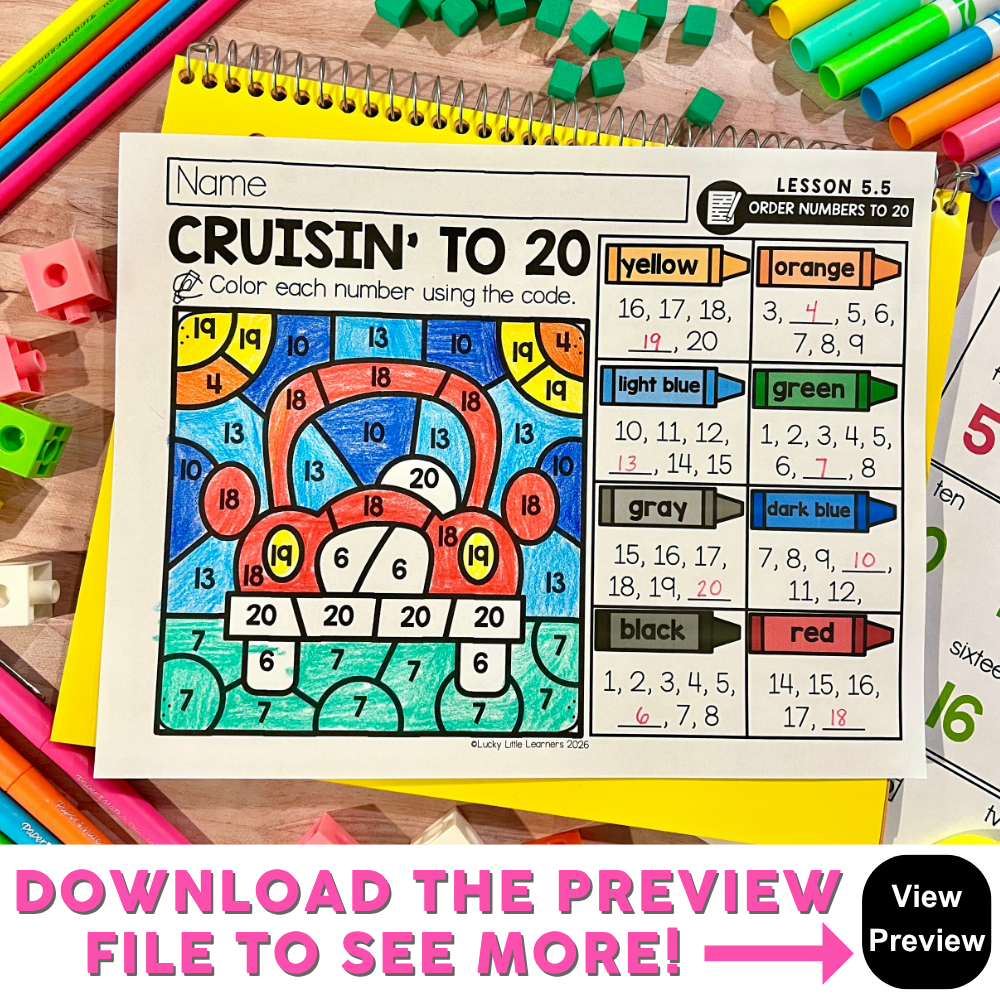 Educational worksheet for learning numbers 11-20 with colorful sections and a rainbow theme, featuring number codes and color key for kindergarten math practice.