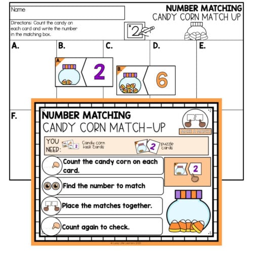 Kindergarten math activity sheet featuring candy corn matching with numbers 2 and 6, including instructions for counting and matching candy corn to the correct number.